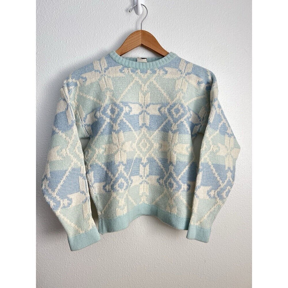 VTG Head Pastel Blue Geometric Knit 100% Wool Sweater M Fair Isle Grandmacore